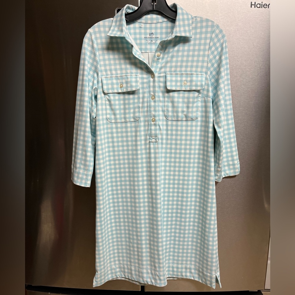 Jessica Gingham 3/4 Sleeve Performance Shift Shirt Dress sz XS Baltic teal